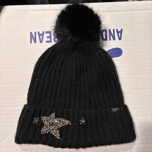 Victoria's Secret Black Knit Rhinestone Shooting Star Bejeweled Beanie Pompom